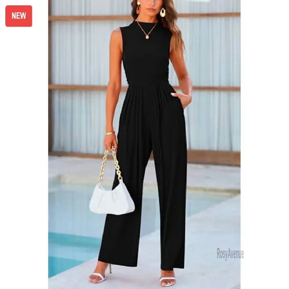 Sleeveless Mock Neck Wide Leg Jumpsuit with Pockets - Ribbed Knit